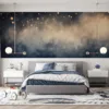 Abstract cosmic artwork with dark blue and beige gradient and golden dots||
