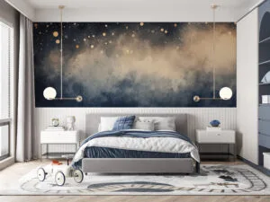 Abstract cosmic artwork with dark blue and beige gradient and golden dots