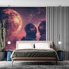 Two astronauts embracing in a cosmic setting with a vibrant planet and starry sky.