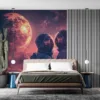 Two astronauts embracing in a cosmic setting with a vibrant planet and starry sky.||
