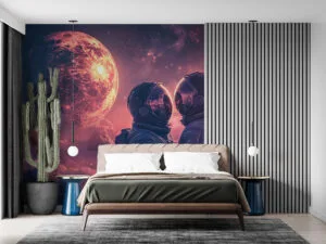 Two astronauts embracing in a cosmic setting with a vibrant planet and starry sky.