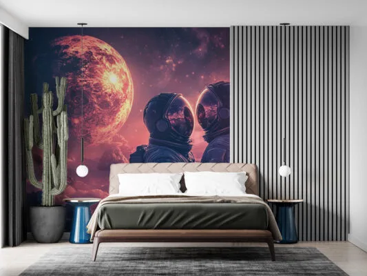 Two astronauts embracing in a cosmic setting with a vibrant planet and starry sky.