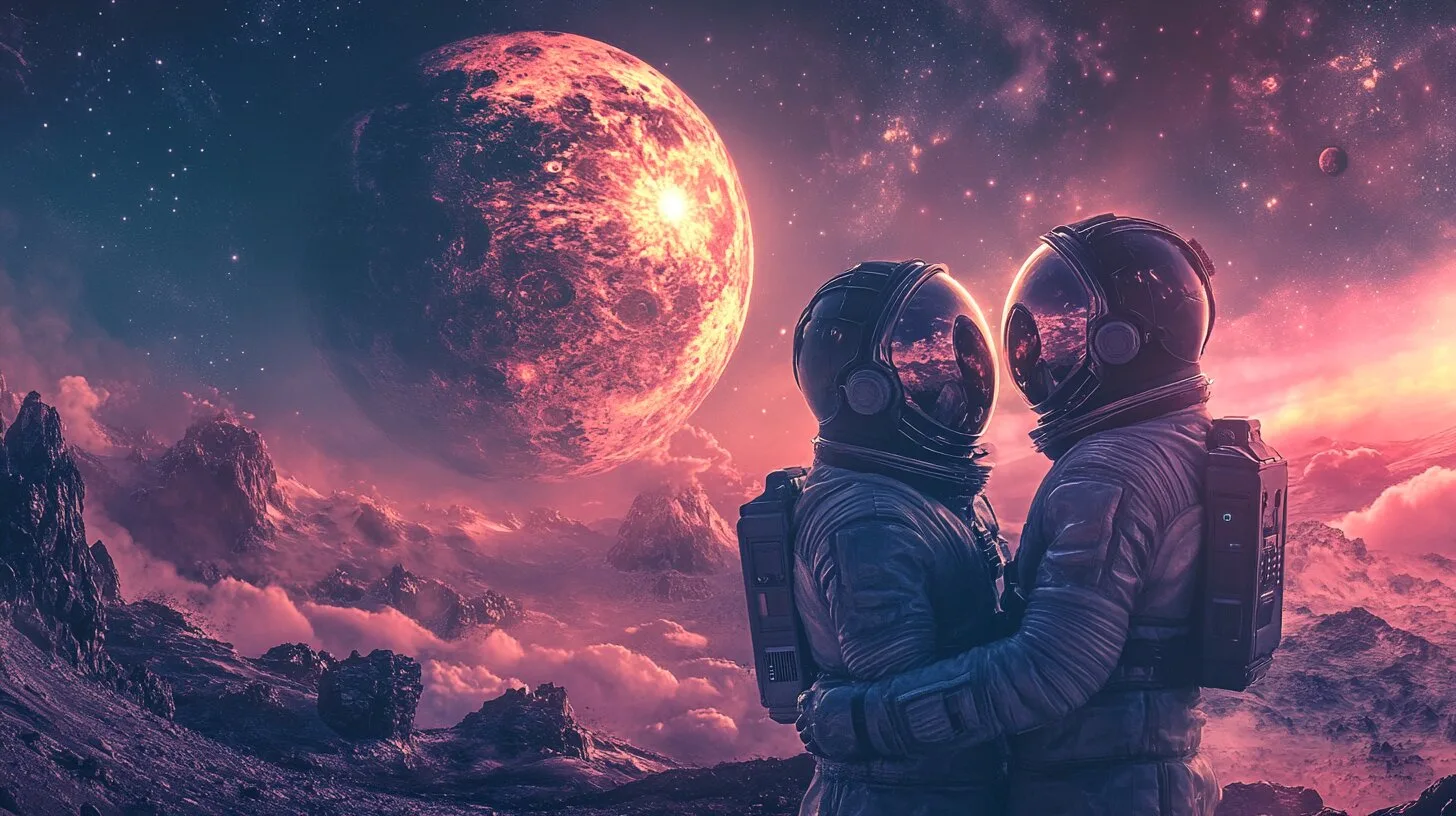 Main product image for Cosmic Embrace of Astronauts Wall Mural