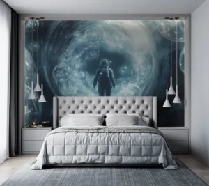 A solitary astronaut in a surreal cosmic setting surrounded by glowing bubbles.||