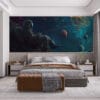 Astronaut fishing in outer space with colorful nebulae and planets
