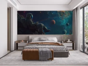 Astronaut fishing in outer space with colorful nebulae and planets||