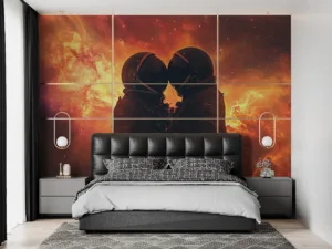 Two astronauts in intimate pose against a vibrant cosmic background||