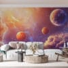 Cosmic landscape with planets and colorful clouds in a starry sky