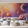 Cosmic landscape with planets and colorful clouds in a starry sky||
