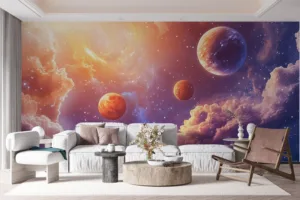 Cosmic landscape with planets and colorful clouds in a starry sky||