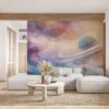 Vibrant cosmic scene featuring a Saturn-like planet and colorful celestial backdrop.||