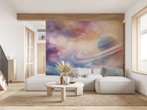 Vibrant cosmic scene featuring a Saturn-like planet and colorful celestial backdrop.||