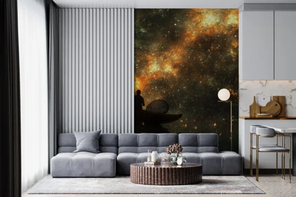 A solitary figure in a small boat surrounded by cosmic galaxies and stars.