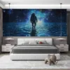 Astronaut walking on reflective water in a cosmic landscape||