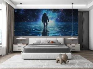 Astronaut walking on reflective water in a cosmic landscape