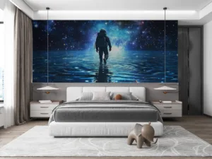 Astronaut walking on reflective water in a cosmic landscape||