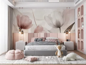 Artistic representation of delicate flowers in soft pink and white hues.||