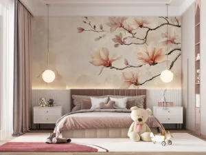 Elegant illustration of magnolia flowers with soft pinks and creams