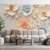 Arrangement of delicate paper flowers in pastel colors on a neutral background.||