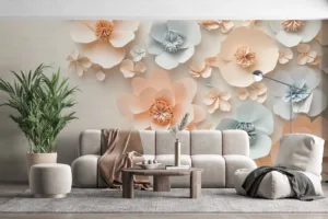 Arrangement of delicate paper flowers in pastel colors on a neutral background.||