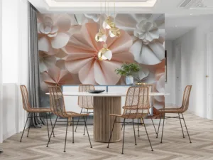 Collection of decorative paper flowers in pastel colors on a stylized backdrop.||
