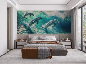 Three dolphins jumping through ocean waves
