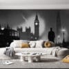 Dramatic black-and-white cityscape of London with Big Ben