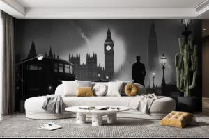 Dramatic black-and-white cityscape of London with Big Ben