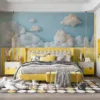 Dreamy celestial clouds in a serene light blue sky with golden stars.||