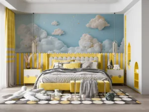 Dreamy celestial clouds in a serene light blue sky with golden stars.||