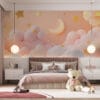 Whimsical dreamy scene with fluffy pink clouds and golden stars