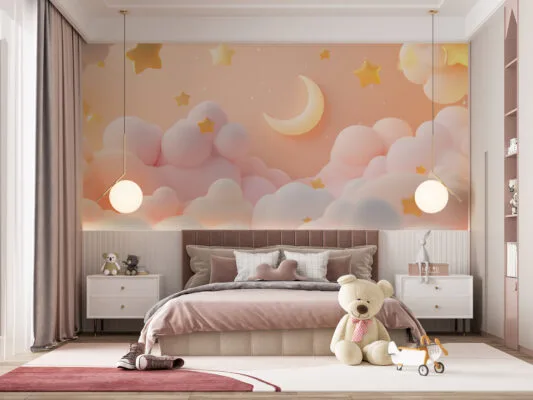 Whimsical dreamy scene with fluffy pink clouds and golden stars