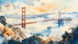 Alternative view of Dreamy Watercolor of the Golden Gate Bridge Wall Mural