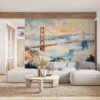 Dreamy watercolor painting of the Golden Gate Bridge surrounded by serene landscape.||