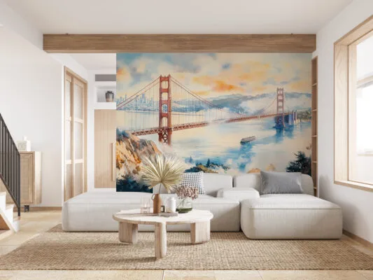Dreamy watercolor painting of the Golden Gate Bridge surrounded by serene landscape.