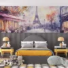 Watercolor painting of Paris with Eiffel Tower and charming café||