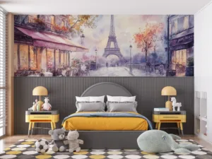 Watercolor painting of Paris with Eiffel Tower and charming café||