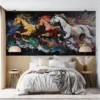 Vibrant artwork of three horses in motion with colorful flowing manes.||