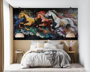 Vibrant artwork of three horses in motion with colorful flowing manes.||