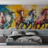 Vibrant painting of five horses in motion with expressive brush strokes.||