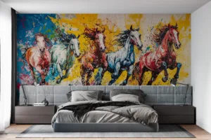 Vibrant painting of five horses in motion with expressive brush strokes.||