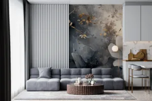 Abstract floral design with white flowers and gold accents on a gray and blue background.||