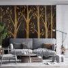 Stylized depiction of trees in gold against a dark background||