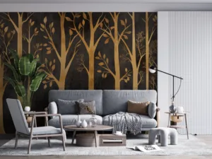 Stylized depiction of trees in gold against a dark background||