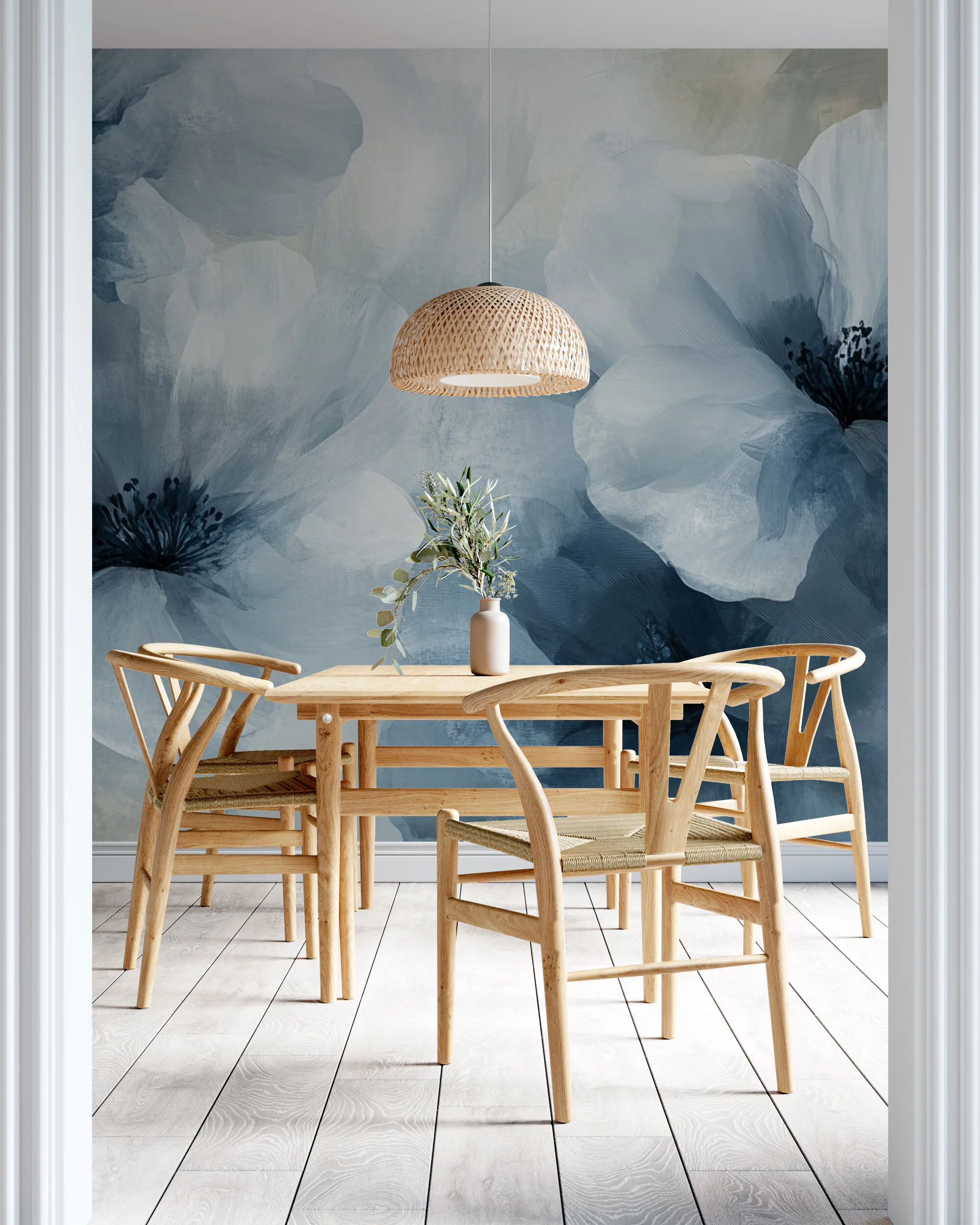 Rendered wallpaper image for Elegant Blue and White Floral Design Wall Mural