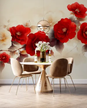 Vibrant camellia flowers in red and white arrangement||