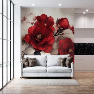 Elegant floral arrangement with red and white flowers and ribbons on a dark marble background.||