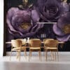 Beautifully rendered flowers in shades of purple with gold accents in an artistic arrangement.