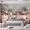 Elegant floral composition featuring white flowers with gold leaves against a peach background.