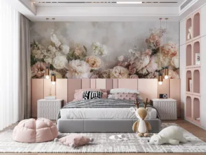 Elegant floral composition featuring white flowers with gold leaves against a peach background.||